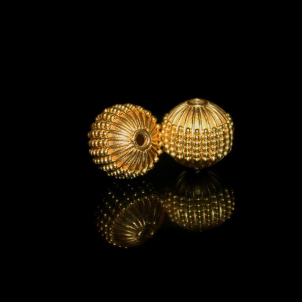 Two 10mm 22 Karat Gold Vermeil Fluted Granulation Bali Beads, Bali Beads, 10mm Bali Beads, 10mm Vermeil Beads Vermeil Beads handmade in Bali