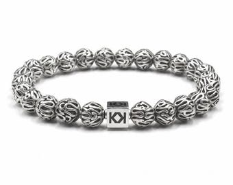 Handmade Sterling Silver Bali Beads Bracelet, 8mm Unisex Stretch Jewelry
