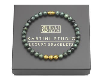 Jade Bracelet, Dark Green Jade and 22K Gold Plated Sterling Silver Beads Bracelet , Gift for Him, For Men, Beaded Bracelet