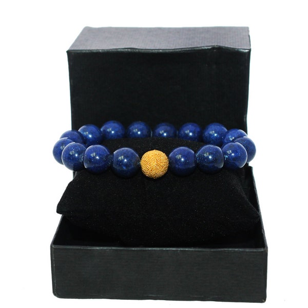 Lapis Lazuli and Gold Vermeil Bali Bead Bracelet, Unisex Bracelet, 10mm Lapis Lazuli Bracelet. Beaded Bracelet, Bead Bracelet Woman, For Her