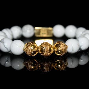 White Howlite Bracelet, Men's White Howlite and Gold Bracelet, Men's Gold Bracelet, Men's White Bracelet, Men's Luxury Bracelet image 7