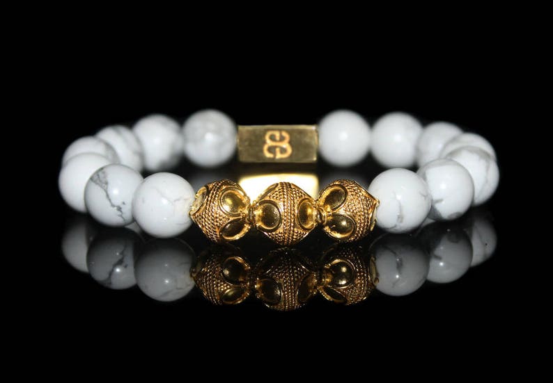 White Howlite Bracelet, Men's White Howlite and Gold Bracelet, Men's Gold Bracelet, Men's White Bracelet, Men's Luxury Bracelet image 3