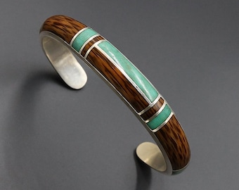 Malachite and Coconut Wood Sterling Silver Cuff Bracelet, Silver Cuff Bracelet, Stone Inlay Cuff Bracelet, Men's Cuff Bracelet