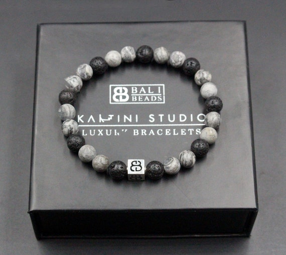 Men's Bracelet, Bracelet for Men, Mens Grey Jasper and Lava Stone Bracelet, Bracelet Men, Men's Grey Bracelet, Lava Stone Bracelet Men