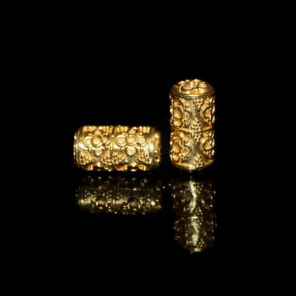 Two 16mm 22 carat Gold Vermeil Tube Beads, Two 16mm x 8mm Gold Vermeil Wire Work and GranulationTube Beads