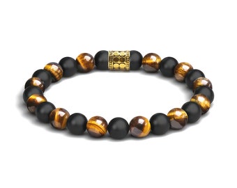 Tiger's Eye and Onyx Bracelet, Men's Bracelet, Bracelet Man, Mens Bead Bracelet, Tiger's Eye and Gold Bracelet, Bead Bracelet Men