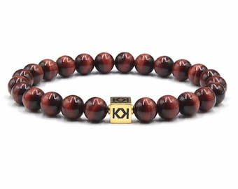 Red Tiger's Eye Beaded Bracelet, 22k Gold Plated Bali Logo Bead