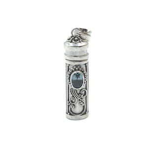Sterling Silber Parfüm oder Nachricht Flasche Halskette, Asche Behälter Halskette, Sterling Silber Parfüm Flasche mit Blautopas Edelstein