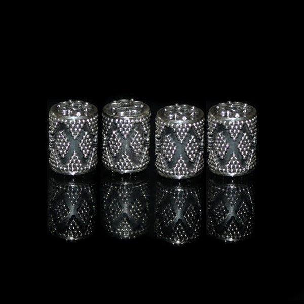 Four 15mm x 10mm Sterling Silver Granulation Tube Beads, 6.4 grams. Two Sterling Silver Bali Beads