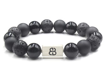 Onyx, Lava Stone, and Obsidian Bracelet, Men&#39;s Black Bracelet, Black Onyx Bracelet, Lava Stone Bracelet, Black and Silver Bracelet, Bracelet