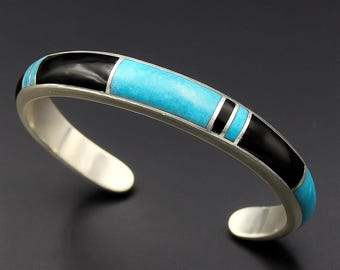 Turquoise and Onyx Sterling Silver Cuff Bracelet, Turquoise Bracelet, Solid Sterling Silver Cuff Bracelet, Black Onyx Cuff Bracelet