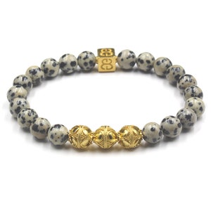 Dalmatian Stone Bracelet, Men's Bead Bracelet, Bracelet Man, Men's 8mm Bracelet, Stone Bracelet, Dalmation Stone and Sterling Silver 22K Gold Vermeil
