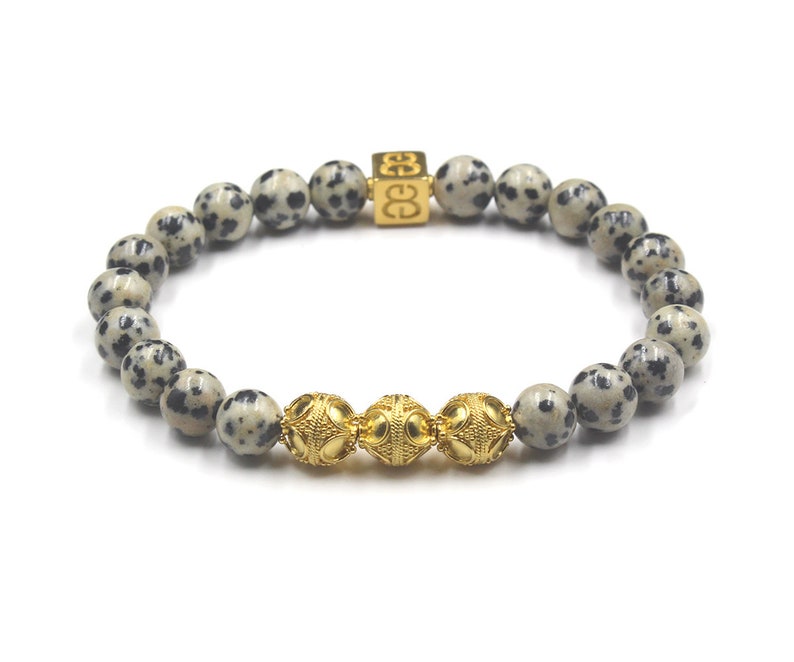 Dalmatian Stone Bracelet, Men's Bead Bracelet, Bracelet Man, Men's 8mm Bracelet, Stone Bracelet, Dalmation Stone and Sterling Silver 22K Gold Vermeil