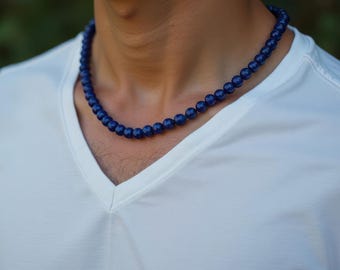 Lapis Lazuli Necklace, Men's Beaded Necklace, Men's Necklace, Beaded Necklace, Men's Lapis Lazuli and Gold Necklace