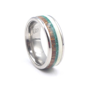 Men&#39;s Ring, Titanium Ring, White Bull Horn, Coconut Wood, and Malachite Ring, Stone Inlay Ring, Men&#39;s Titanium Ring Triple Inlay Titanium