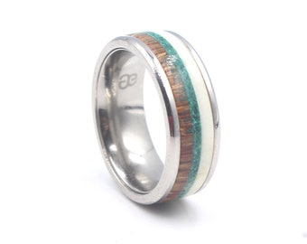 Men's Ring, Titanium Ring, White Bull Horn, Coconut Wood, and Malachite Ring, Stone Inlay Ring, Men's Titanium Ring Triple Inlay Titanium
