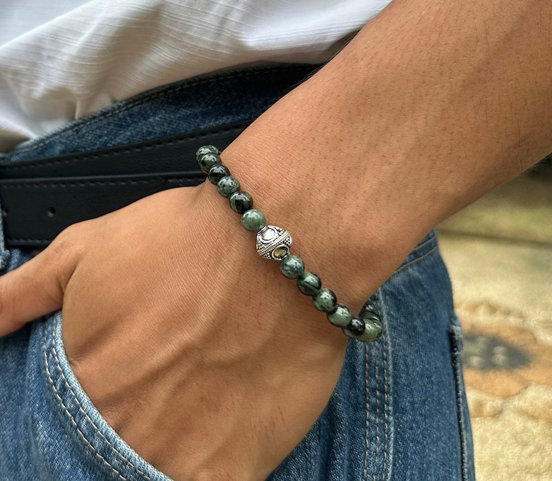 Dark Green Jade Bracelet, Men's Jade and Sterling Silver Bracelet