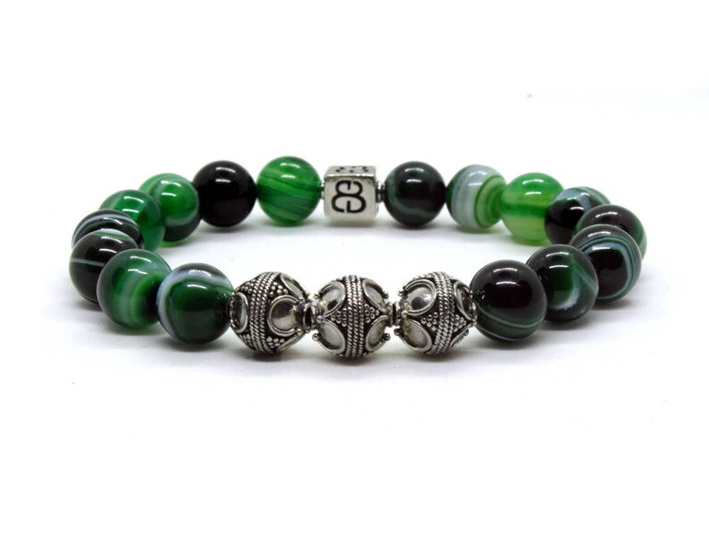 Men/'s Luxury Bracelet Green Striped Agate Bracelet Men/'s Bracelet Men/'s Silver Bracelet Men/'s Designer Bracelet