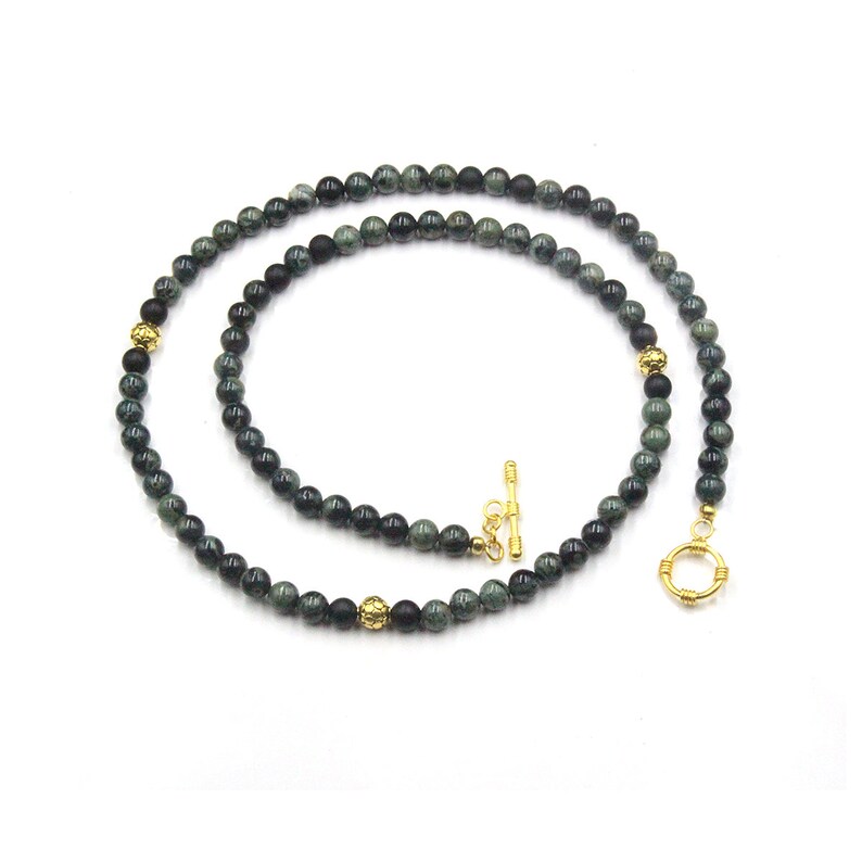 Men's Necklace Dark Green Jade and 22K Gold Plated Beads Etsy