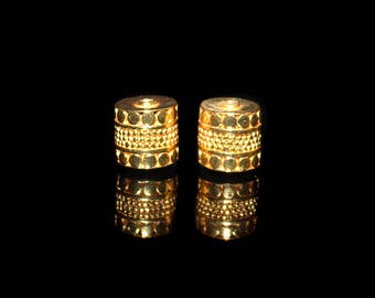 Two 22 Karat Gold Plated Sterling Silver Bali Beads, 10mm Gold Vermeil Drum Beads, 10mm Bali Beads, 10mm Dots Beads, Gold Bali Beads