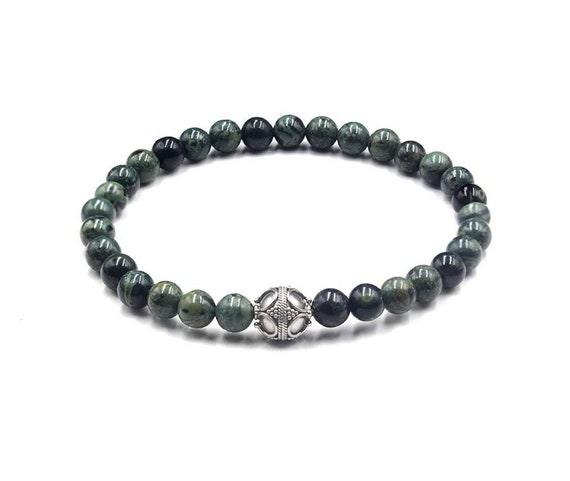Dark Green Jade Bracelet, Men's Jade and Sterling Silver Bracelet
