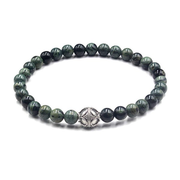 Dark Green Jade Bracelet, Men's Jade and Sterling Silver Bracelet, Men's Bracelet, Jade Bracelet for Man, 6mm Bead Bracelet