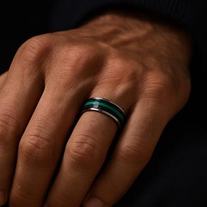 Men&#39;s Ring, Titanium Ring, Buffalo Horn and Malachite Ring, Stone Inlay Ring, Men&#39;s Titanium Ring Triple Inlay Titanium Ring