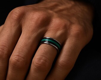 Men's Ring, Titanium Ring, Buffalo Horn and Malachite Ring, Stone Inlay Ring, Men's Titanium Ring Triple Inlay Titanium Ring