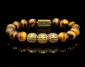 Tiger&#39;s Eye and Antique 22 Karat Gold Beads Bracelet, Men&#39;s Tiger&#39;s Eye Bracelet, Luxury Bracelet Men, Bead Bracelet Men