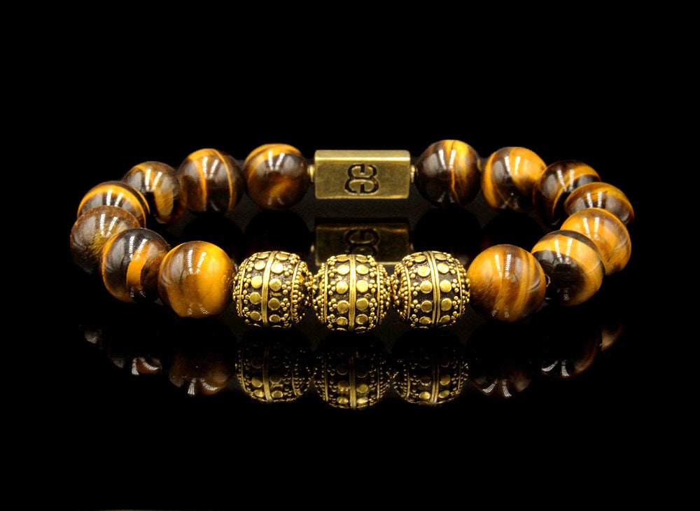 Mens Tigers Eye and 22 Karat Gold Bali Beads Bracelet Tigers Eye and Gold Vermeil Beads Bracelet Luxury Bracelet Men Premium Quality Bracelet
