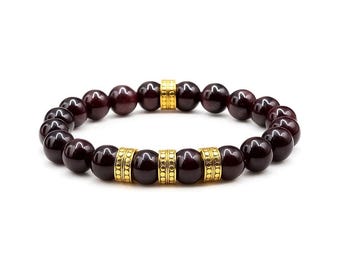 Garnet Bracelet, Men's Bracelet, Garnet and Gold Bracelet, Quality Bead Bracelet for Man, Bead Bracelet Men