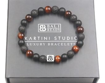 Men&#39;s Bracelet, Onyx, Lava, and Red Tiger&#39;s Eye Bracelet, Bead Bracelet Men, Tiger&#39;s Eye and Sterling Silver Bracelet, Men&#39;s Bead Bracelet