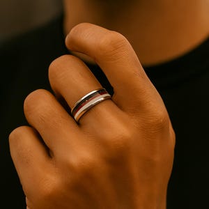 Men&#39;s Ring, Titanium Ring, Black Buffalo Horn, White Bull Horn and Red Jasper Ring, Stone Inlay Ring, Titanium Ring Man, Triple Inlay Ring