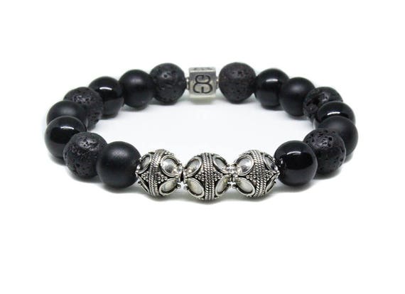 Black Onyx and Lava Stone Sterling Silver Bracelet Bracelet | Etsy