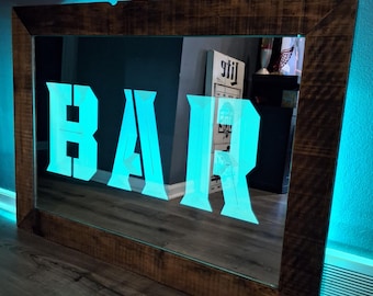 Laser Engraved LED Bar Mirror. Barnwood Frame.