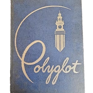 May include: A vintage book cover with a textured blue background. The cover features a stylized clock tower illustration and the word "Polyglot" in elegant script. A curved design element arcs across the top.