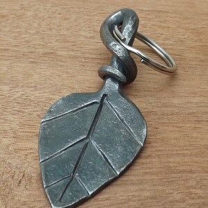 May include: A silver metal leaf-shaped keyring with a twisted metal ring attached. The leaf has a detailed design and is a unique and stylish accessory.