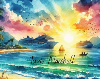 Watercolor Cruise Ship Tumbler Wrap: Caribbean Beach Scene (Digital Download)