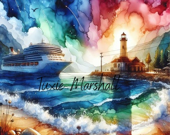 Cruise Ship Tumbler Wrap: Alcohol Ink Ocean Scene (Digital Download)