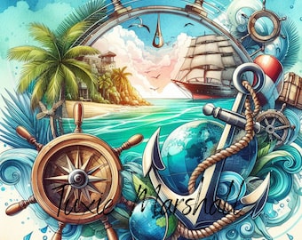 Caribbean Cruise Ship Tumbler Wrap: Helm & Anchor Design (Digital Download)