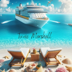 May include: A white cruise ship on a blue ocean with a sandy beach in the foreground. Two wooden lounge chairs are on the beach with a pineapple and a wicker basket. The text "Tuxie Marshall" is written on the beach.