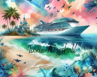 Caribbean Cruise Ship Tumbler Wrap: Pastel Watercolor Ocean Scene (Digital Download)