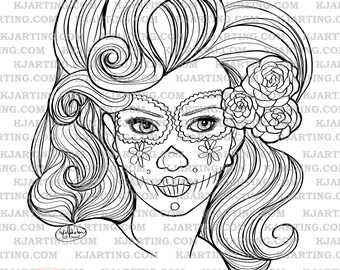 Sugar Skull Day of the Dead Dia De Los Muertos  Digital Stamp  (Line_Art Printable_00034 KJArting)
