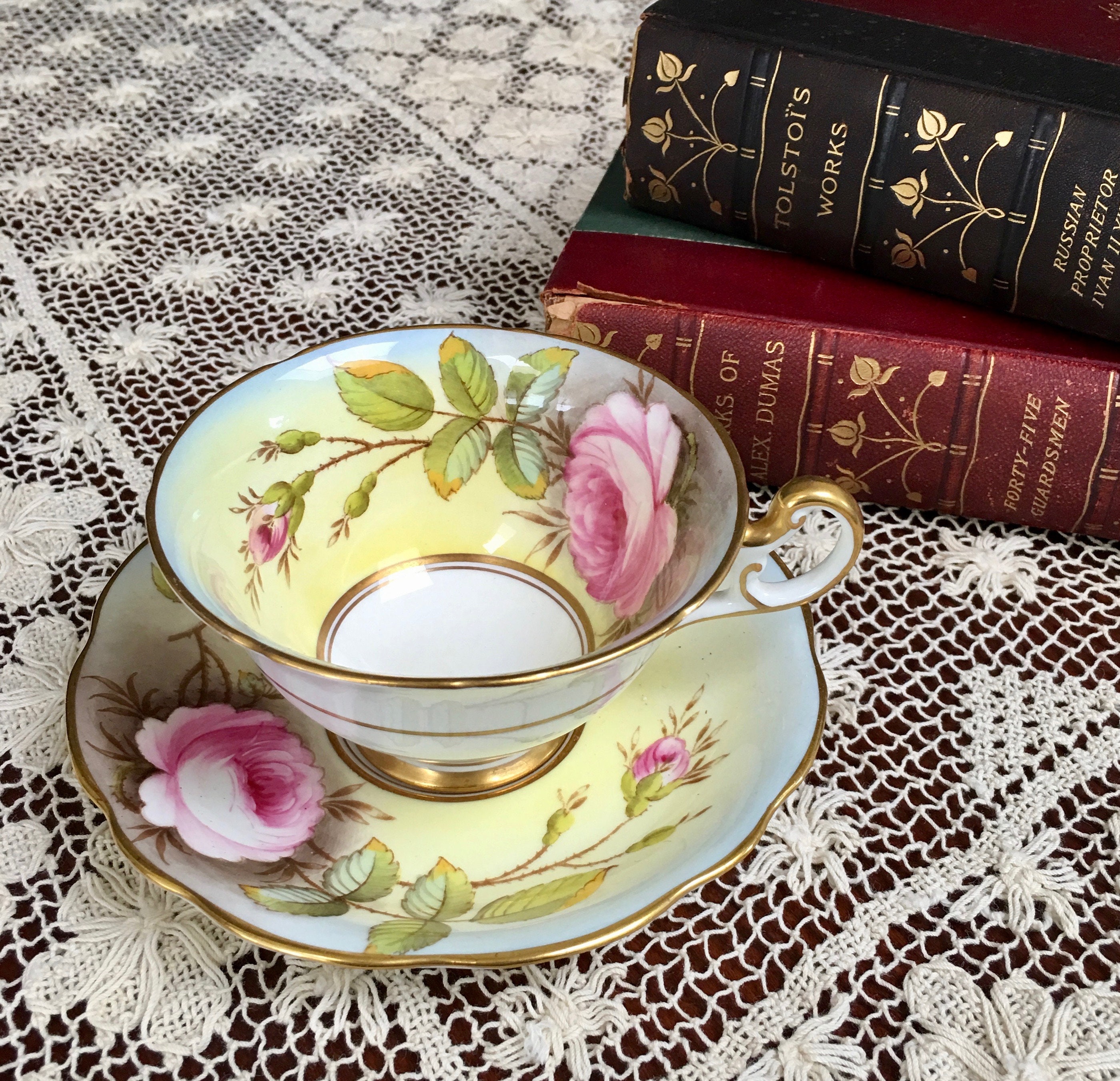 Taylor Handpainted Floral Rose Bouquet on Blue Foley Tea Cup /& Saucer Signed A