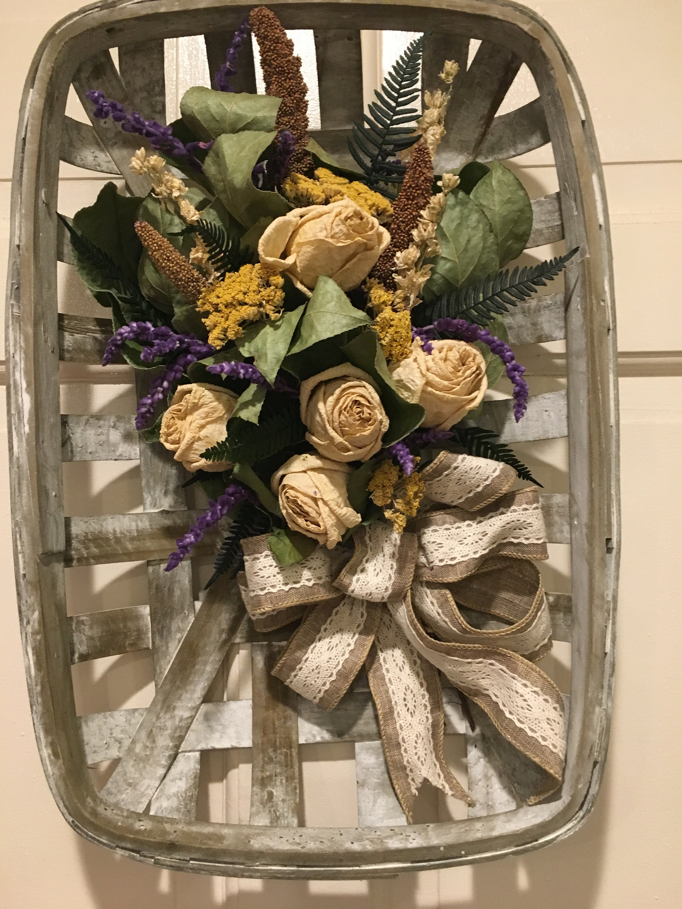 Whitewashed Tobacco Basket With Dried Flower Bouquet Etsy