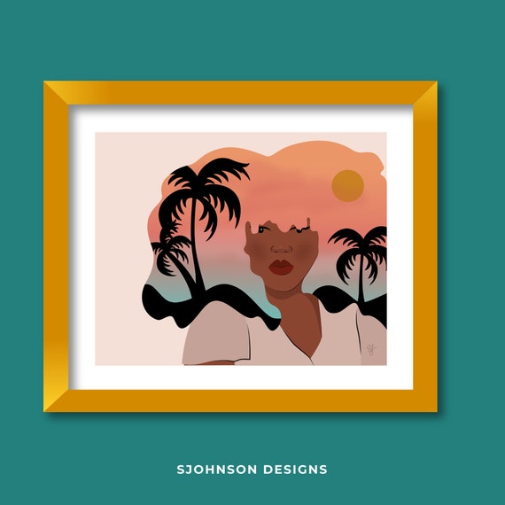 Paradise print | wall art | woman art | home decor | illustration | black art | boho | sunset | beach | gift | natural hair Il_570xn