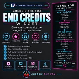 Customizable Twitch End Credits Widget | StreamElements Credits Roll | Followers, Raids, Subs, Bits & Gifted Subs | OBS Stream Overlay