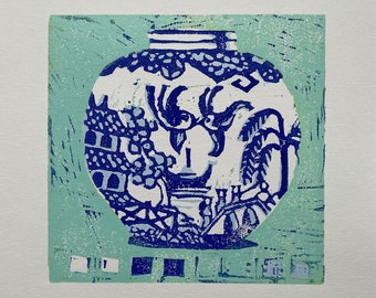 Blue and White Willow Pattern China Pot Woodblock Print, Original Design, Handmade Woodcut, Aqua Blue background