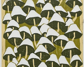 Green Forest Mushroom Woodblock Print: Limited Edition Hand-Carved Artwork