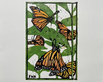 Monarch Butterflies In The Milkweed, Hand Printed, Original Woodblock  Relief Print